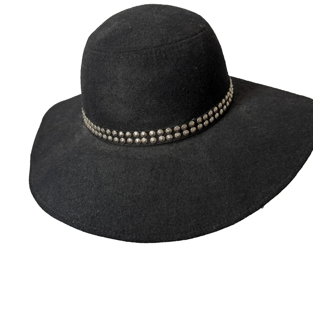 Sierra Accessories Black Wool Blend Wide Brim Floopy Hat Silver Studs OS